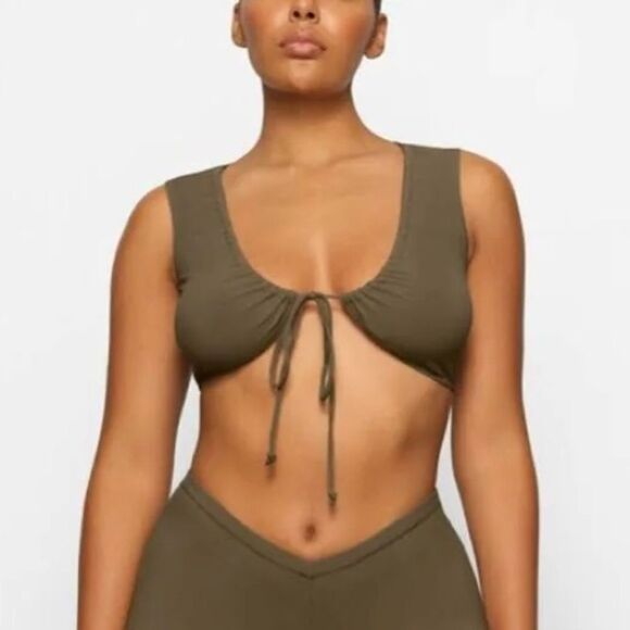 SKIMS Tops - NWT RARE SKIMS Soft Lounge Tie Front Super Crop Top in Moss Green